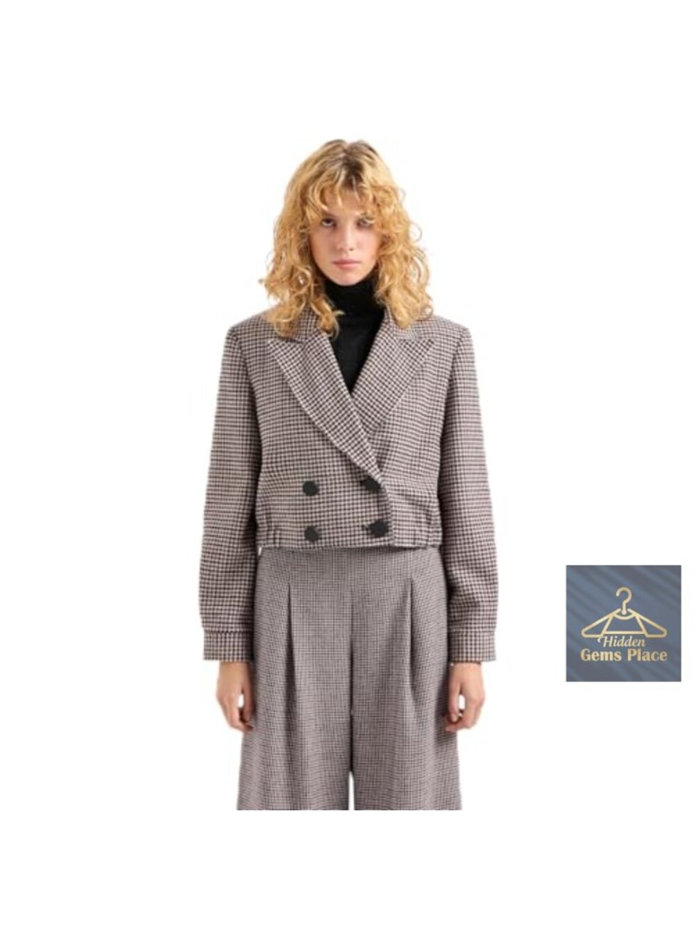 Cropped Double Breasted Houndstooth Blazer Wool Blend Business Casual
